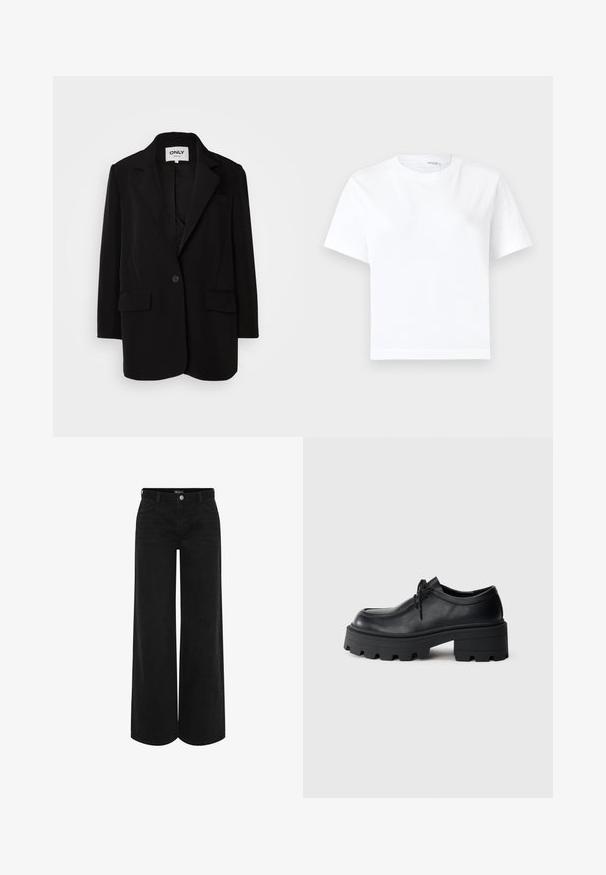 Blazer negro hecho de una tela suave, con solapas de muesca, cierre de un botón, dos bolsillos frontales y un corte ajustado.; Camiseta blanca lisa de algodón de manga corta con cuello redondo y dobladillo recto, mostrada sobre un fondo blanco.; Pantalones de mezclilla negros de pierna ancha con cintura alta, que cuentan con un cierre frontal con botón, dos bolsillos laterales y un diseño clásico de cinco bolsillos.; Zapato negro de cuero con cordones, con una suela de goma negra gruesa y texturizada y punta redondeada. Presenta detalles de costura sutiles.