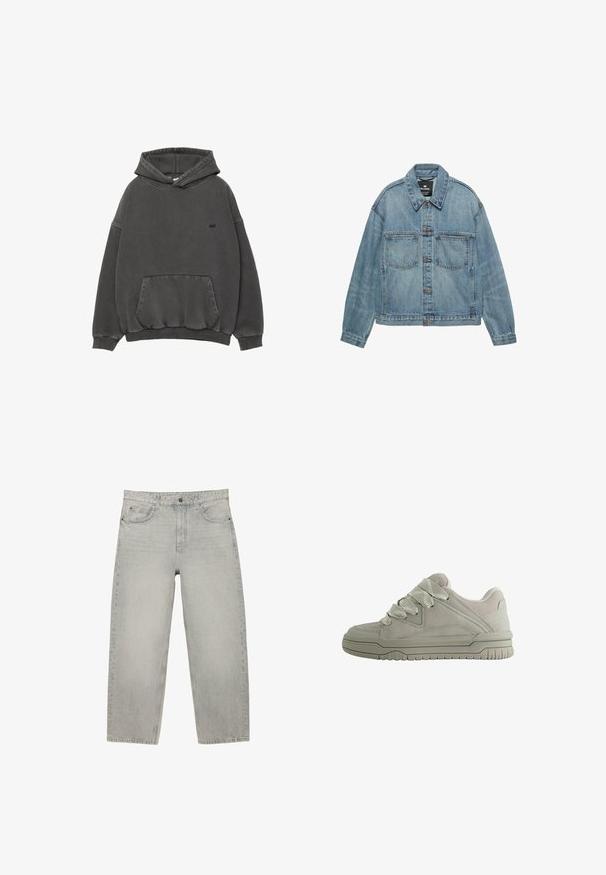 Lyseblå denimjakke med knaplukning foran, to brystlommer og klassisk krave. Slidt tekstur med en afslappet pasform.; Mørkegrå hætte sweatshirt med frontlomme, ribbede ærmer og kant, samt lille sort broderet logo på brystet.; Lysegrå denimjeans med højtaljet, lige ben, knaplukning foran og fem lommer, lagt fladt på en hvid baggrund.; Lav-snit grå sneaker med tykke teksturerede snørebånd, polstret krave, syninger i panelerne og en rilled gummisål for greb.