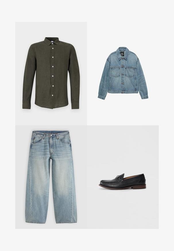 Lyseblå denimjakke med knaplukning foran, to brystlommer og klassisk krave. Slidt tekstur med en afslappet pasform.; Mørkegrøn langærmet skjorte lavet af hør. Har en knaplukning foran med lyse knapper og en krave for et struktureret udseende.; Lyseblå viddebenede cowboybukser med forlommer, bæltestropper, knaplukning og subtil falmning på lårene mod en ensfarvet baggrund.; Sorte læder loafers med rund tå, dekorativ hardware på forsiden og en kontrasterende brun sål. Glat tekstur og slip-on design.