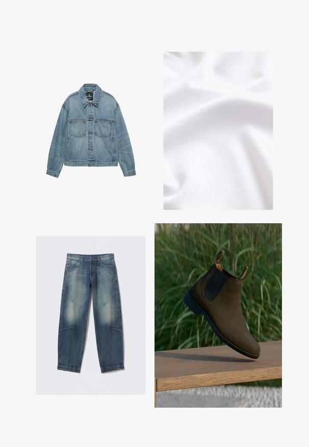 Lyseblå denimjakke med knaplukning foran, to brystlommer og klassisk krave. Slidt tekstur med en afslappet pasform.; Hvid bomuldsstof med en glat tekstur, der har subtile folder og krøller, hvilket fremhæver dets bløde og lette natur.; Lyseblå denimjeans med løs pasform, med falmede pletter, frontlommer og diagonale sømdetaljer. Design med lige ben.; Brune ruskinds Chelsea-støvle med sorte elastiske sidepaneler og en lav hæl, der har trækflapper på bagsiden samt en glat sort sål.
