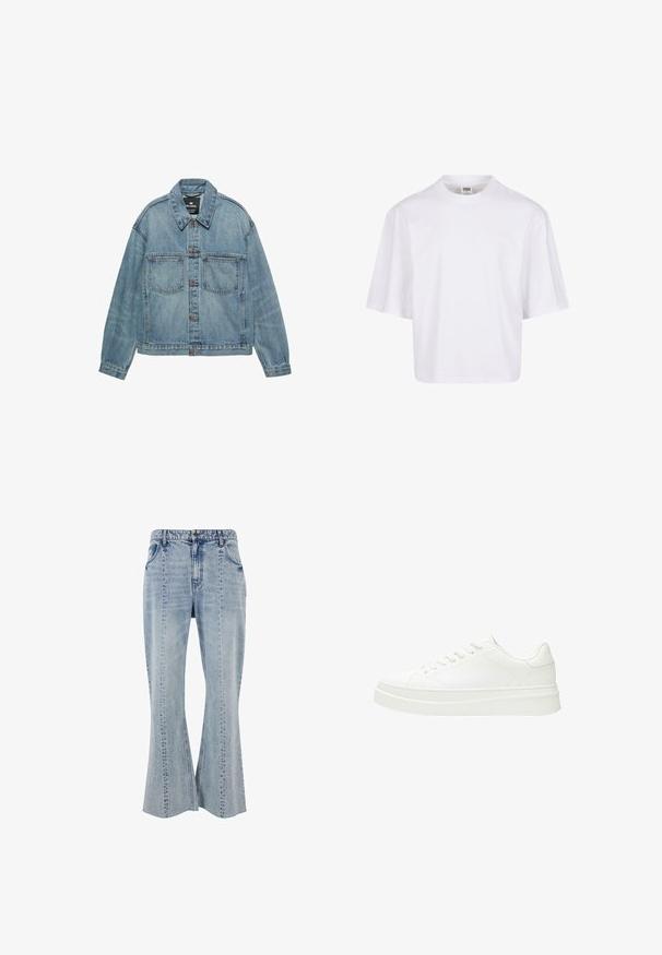 Hellblaue Jeansjacke mit Knopfleiste, zwei Brusttaschen und klassischem Kragen. Verwaschene Optik mit lockerem Schnitt.; Weißes Kurzarm-T-Shirt mit Rundhalsausschnitt und lockerer Passform, gefertigt aus einem glatten Baumwollmischgewebe. Keine Muster oder Verzierungen.; Hellblaue Denim-Jeans im Schlagstil mit vorderen Taschen, sichtbaren Nähten und einem Bund mit Gürtelschlaufen. Klassisches Fünf-Taschen-Design.; Weiße Sneaker mit einem glatten Lederoberteil, flachen Schnürsenkeln und einer dicken Gummisohle. Das minimalistische Design verfügt über subtile Nähte und nahtlose Akzente.