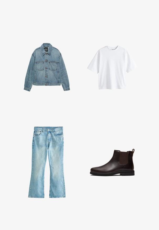 Lyseblå denimjakke med knaplukning foran, to brystlommer og klassisk krave. Slidt tekstur med en afslappet pasform.; Next BOXY FIT - HEAVYWEIGHT T-SHIRT . - T-shirts basic - white; Lyseblå denimjeans med høj talje, knaplukning, forlommer og let vidde ved benene.; Mørkebrune læder Chelsea-støvler med elastisk sidestykke, trækstrop ved hælen og sort gummisål, vist i sideprofil.