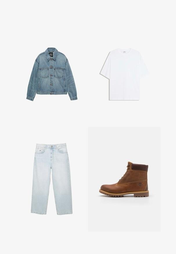 Lichtblauwe spijkerjasje met een knoopsluiting aan de voorkant, twee borstzakken en een klassieke kraag. Versleten textuur met een ontspannen pasvorm.; Wit oversized katoenen T-shirt met een ronde hals en korte mouwen; gladde textuur, zonder zichtbare patronen of accenten.; Lichtblauwe hoge taille straight-leg jeans met een knoop aan de voorkant, zakken en een klein gemerkt metalen label op de rechter voorkzak.; Bruine leren wandelschoen met een gladde afwerking, gevoerde enkel, metalen oogjes en een rubberen zool met een robuust profiel.