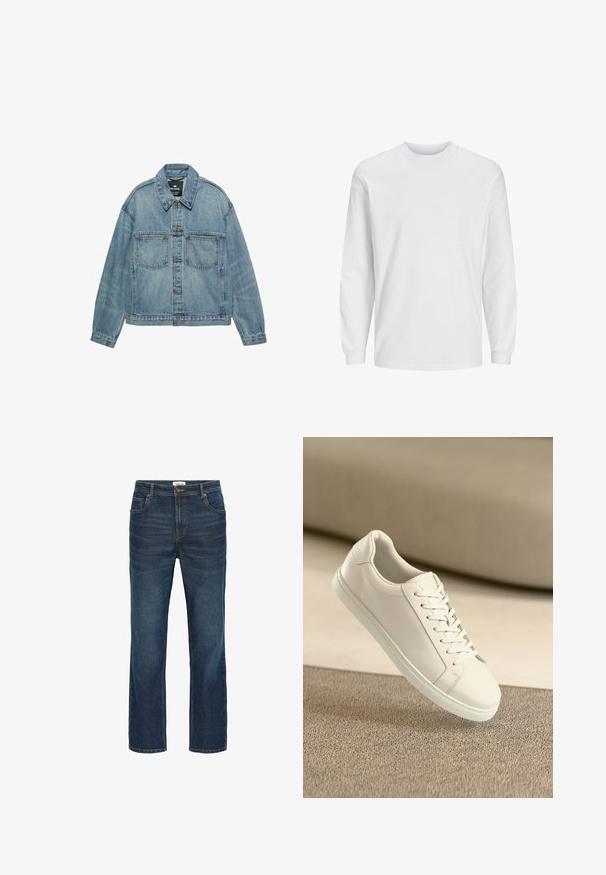 Lyseblå denimjakke med knaplukning foran, to brystlommer og klassisk krave. Slidt tekstur med en afslappet pasform.; Langærmet hvid t-shirt lavet af bomuld. Har rund hals og ensfarvet design uden mønstre eller accenter. Blød, glat tekstur.; Mørkeblå denim jeans med lige snit, fem lommer, kontrasterende syninger og en talje med en metalknap og bæltesløjfer.; Hvide lædersneakers med hvide snørebånd, præsenteret på en beige tekstureret overflade og med en blødt uskarp baggrund.