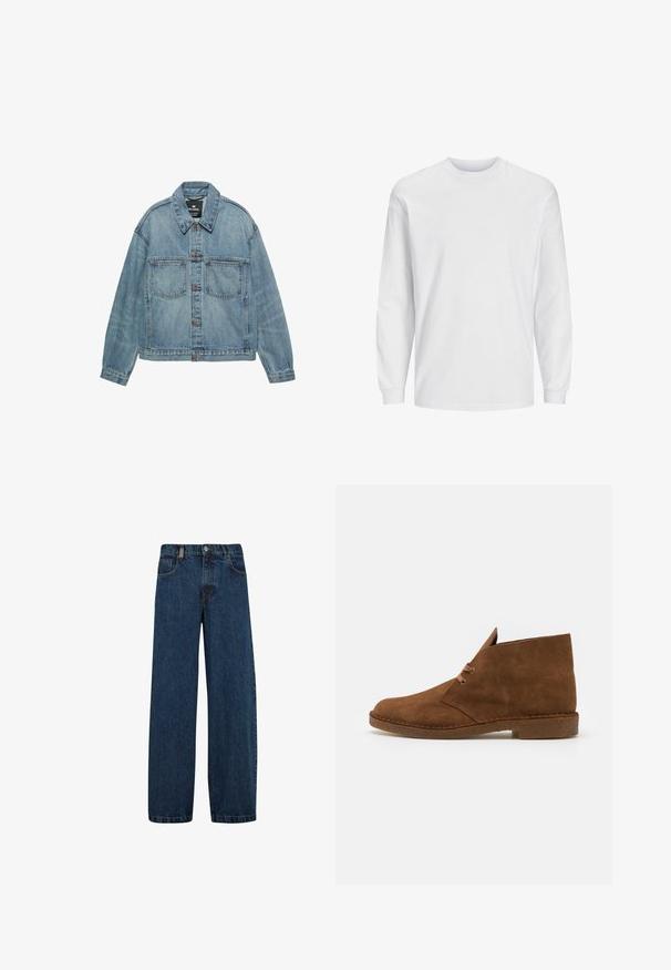 Hellblaue Jeansjacke mit Knopfleiste, zwei Brusttaschen und klassischem Kragen. Verwaschene Optik mit lockerem Schnitt.; Weißes Langarm-T-Shirt aus Baumwolle. Verfügt über einen Rundhalsausschnitt und ein schlichtes Design ohne Muster oder Verzierungen. Weiche, glatte Textur.; Dunkelblaue Jeans im weiten Schnitt, mit fünf Taschen, klassischem Knopfverschluss und einem Metallreißverschluss.; Braune Wildleder-Ankelstiefel mit rundem Zehenbereich, minimaler Naht, kurzer Zunge und Gummisohle für Trittsicherheit.