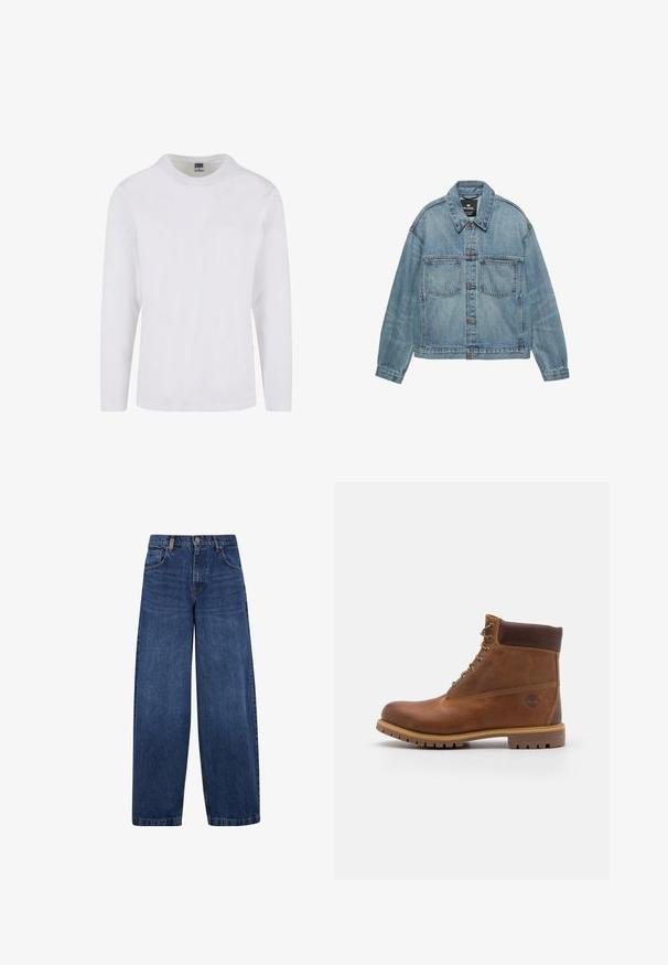 Lyseblå denimjakke med knaplukning foran, to brystlommer og klassisk krave. Slidt tekstur med en afslappet pasform.; Langærmet t-shirt med rund hals i hvidt bomuldsstof. Glat tekstur med et enkelt design uden synlige mønstre eller accenter.; Bredde ben blå denim jeans med et klassisk design med fem lommer, knaplukning og en let falmet tekstur. Robuste syninger.; Brun læder vandrestøvle med en glat finish, polstret ankel, metalliske snørehuller og en gummisål med et robust dækmønster.