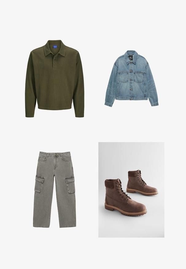 Lichtblauwe spijkerjasje met een knoopsluiting aan de voorkant, twee borstzakken en een klassieke kraag. Versleten textuur met een ontspannen pasvorm.; Olijfgroen polo shirt met lange mouwen, gemaakt van gestructureerde stof. Heeft een kraag, een drieknoopsluiting en een ontspannen pasvorm.; Grijze cargobroek met rechte pijpen, voorzakken, riemlussen en klepzakken op beide dijen.; Bruine leren enkellaarsjes met een gestructureerde afwerking, een gevoerde kraag, metalen oogjes en een robuuste rubberen zool. Stijlvol ontwerp voor duurzaamheid.