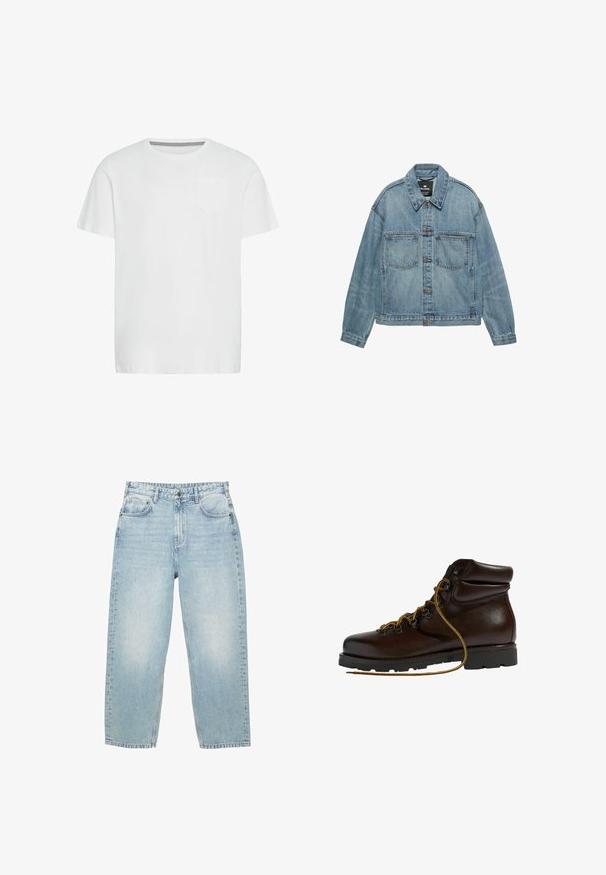 Veste en jean bleu clair avec fermeture boutonnée, deux poches poitrine et col classique. Texture usée avec une coupe décontractée.; T-shirt en coton blanc avec un col rond, des manches courtes et une poche poitrine simple. Présente un motif en chevrons subtil à l'intérieur du col.; Jeans en denim bleu clair taille haute avec une coupe droite, poches avant et arrière, et une fermeture à bouton avec des coutures visibles.; Bottine de randonnée en cuir marron avec un bout arrondi, surface texturée, lacets jaunes et œillets en métal. Dotée d'une semelle en caoutchouc noir robuste.