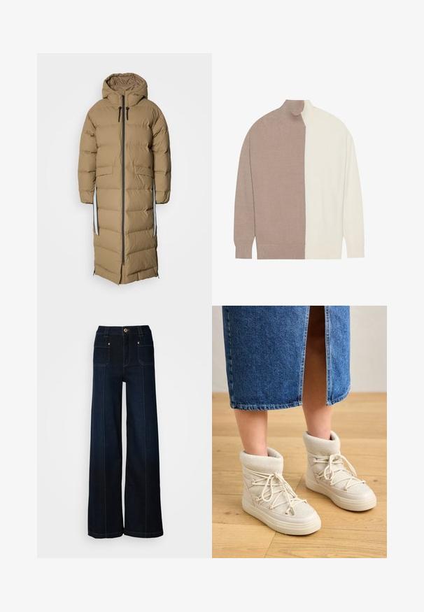 Pikk khaki puffer jakk kapuchega. Omab spiraalset esit, küljetaskud ja kontrastset halli aktsent pikkuse ja külgede mööda.; Kraevi kaelusega kudum, milles on värvipaleti disain helesinisest ja kreemjas värvist, valmistatud pehmest kudumaterjalist, millel on soonikkudumisega varrukate ja hem.; Laia lõikega tumesinised teksapüksid. Omavad ees taskuid, kuldse värviga riistvara ja kontrastset õmblust. Sile tekstuur ja lõdva kujundusega.; Beežid pahkluu saapad pehme, kudumisega varrukaga ja valgete paeltega. Üksus on paks ja tekstuuriga, koos sinise teksaseelikuga.