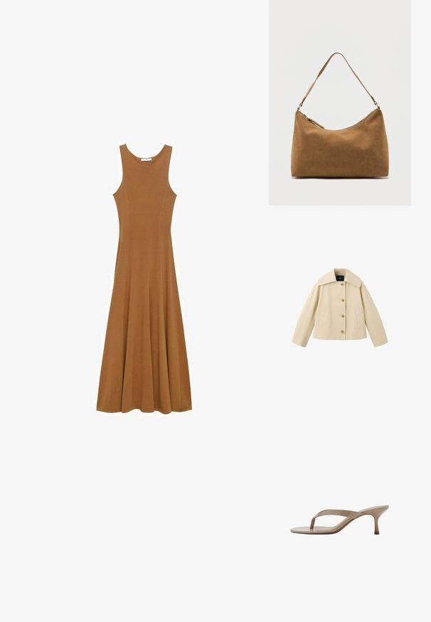 Chaqueta corta beige con cuello ancho, cuatro botones frontales y dos bolsillos laterales, mostrada sobre un fondo blanco.; Vestido maxi sin mangas de color marrón, hecho de una tela suave, con un cuerpo ajustado y una falda acampanada. Diseño simple sin patrones ni acentos visibles.; Sandalia beige de cuero patentado con tacón fino y punta afilada, vista de lado sobre fondo blanco.; Bolso de hombro de ante marrón con una sola correa y cierre de cremallera superior, exhibido sobre un fondo blanco liso.