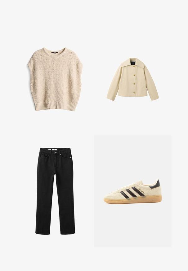 Veste courte beige avec col large, quatre boutons sur le devant et deux poches latérales, présentée sur fond blanc.; Pull en maille crème avec une coupe ample, des manches courtes, un ourlet côtelé et un motif texturé, fabriqué à partir d'un matériau doux et confortable.; Jean noir droit avec bouton et fermeture éclair à l'avant, design à cinq poches et passants pour ceinture.; Baskets en daim crème avec des rayures noires, semelle en gomme, languette noire au talon et texte doré "SPEZIAL" sur le côté.