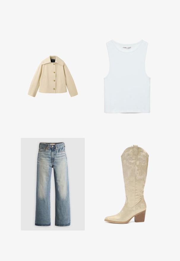 Beige, kurz geschnittene Jacke mit weitem Kragen, vier vorderen Knöpfen und zwei Seitentaschen, dargestellt auf weißem Hintergrund.; Weißes ärmelloses Crop-Top mit rundem Ausschnitt, aus glattem Stoff, mit dem Label Pull&Bear, geeignet für den Alltag.; Blaue Denim-Jeans mit weitem Bein, leichter Waschung, hoher Taille, fünf Taschen-Design und Messingbeschlägen. Ausgewaschene Akzente an der Vorder- und Rückseite.; Salinyang Cowboy-/Bikerboot - goldfarben