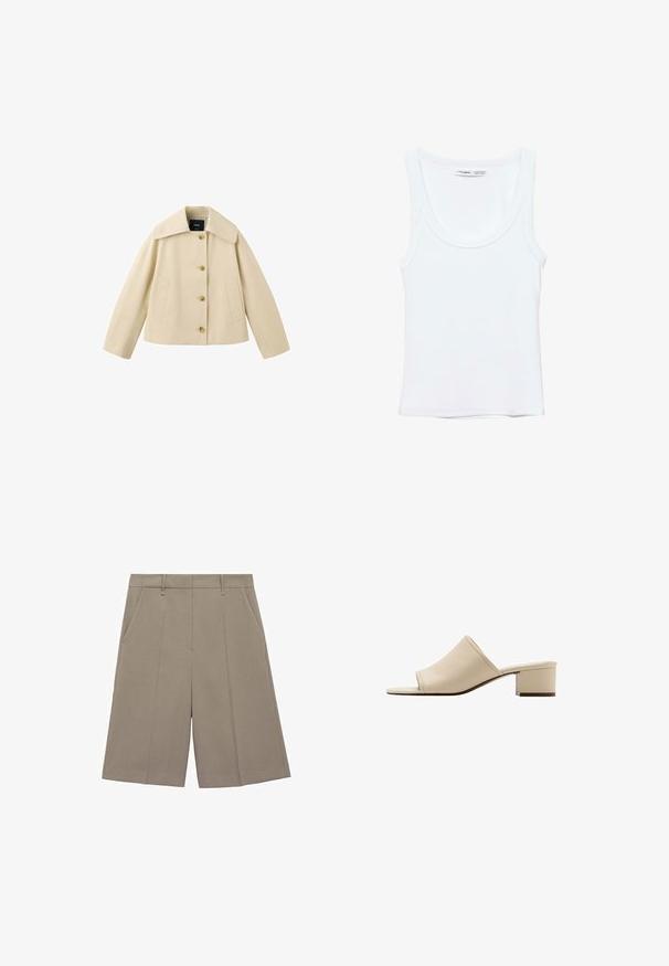Veste courte beige avec col large, quatre boutons sur le devant et deux poches latérales, présentée sur fond blanc.; Débardeur blanc uni sans manches avec encolure arrondie, fabriqué en tissu doux, étiquette à l'intérieur du col indiquant la marque et la taille.; Shorts plissés beige à coupe droite, dotés de passants de ceinture et de poches latérales. Fabriqués en tissu lisse et léger.; Sandale mule beige à bout ouvert avec un petit talon bloc et une tige en cuir lisse, vue de profil sur fond blanc.