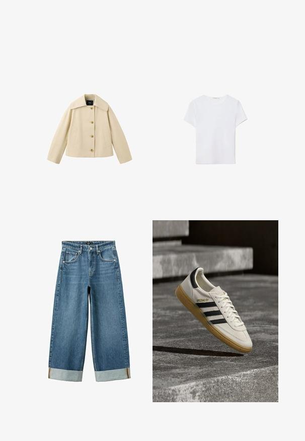Veste courte beige avec col large, quatre boutons sur le devant et deux poches latérales, présentée sur fond blanc.; T-shirt blanc à manches courtes en tissu doux. Dispose d'un col rond et d'un design simple et épuré avec un ourlet droit.; Jean large bleu avec ourlets retroussés, bouton avant, fermeture éclair et design à cinq poches.; Baskets Adidas Spezial blanches avec des rayures noires et une semelle en gomme flottant au-dessus de marches en pierre grises à l'extérieur.