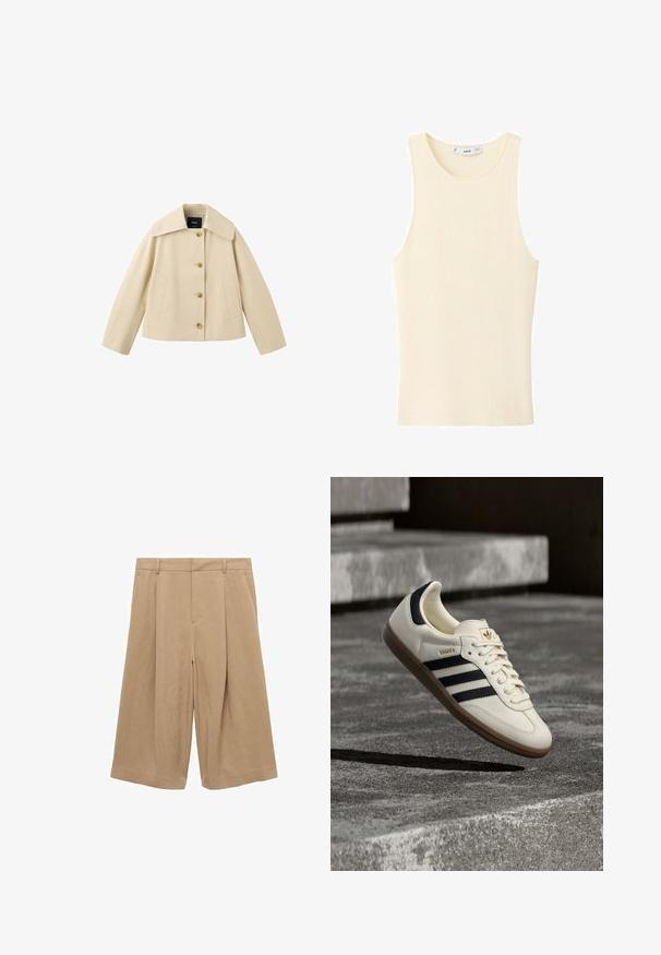 Beige, kurz geschnittene Jacke mit weitem Kragen, vier vorderen Knöpfen und zwei Seitentaschen, dargestellt auf weißem Hintergrund.; Cremefarbenes, geripptes ärmelloses Tanktop mit rundem Ausschnitt und kleinem Markenetikett am hinteren Innenkragen.; Beige Culottes aus leichtem Stoff, mit weitem Bein, flachem Vorderteil, zwei Seitentaschen und glatter Textur.; Weißer Adidas Samba Sneaker mit schwarzen Streifen und Gummisohle, schwebend über strukturierten grauen Betontreppen.