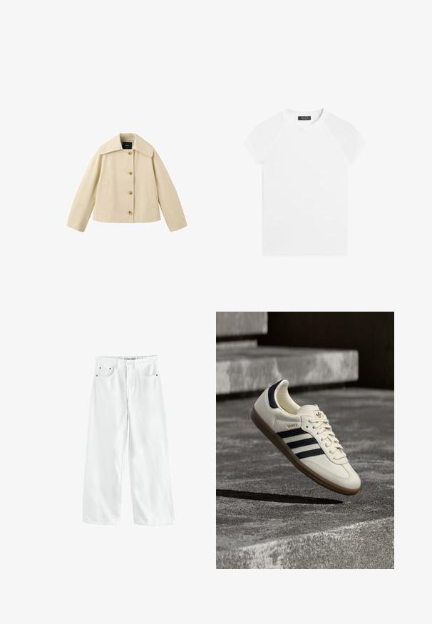 Beige cropped jasje met brede kraag, vier knopen aan de voorkant en twee zijzakken, getoond op een witte achtergrond.; Wit T-shirt met korte mouwen en ronde hals met raglanmouwen en een zwart label aan de binnenkant van de kraag met daarop Massimo Dutti.; Witte denim broek met brede pijpen, een hoge taille, twee voorzakken en subtiele goudkleurige accenten. Soepele textuur, casual ontwerp.; Witte Adidas Samba sneaker met zwarte strepen en gumzool, zwevend boven gestructureerde grijze betonnen treden.