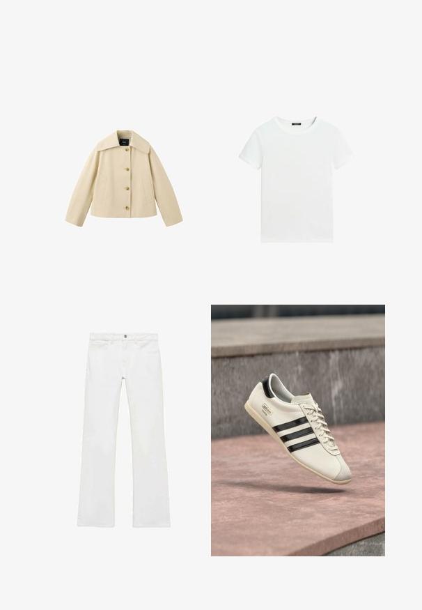 Beige, kurz geschnittene Jacke mit weitem Kragen, vier vorderen Knöpfen und zwei Seitentaschen, dargestellt auf weißem Hintergrund.; Schlichtes weißes T-Shirt mit kurzen Ärmeln, rundem Halsausschnitt und einem kleinen schwarzen Etikett innen am Kragen.; Weiße, ausgestellte Jeans aus einem glatten Baumwollstoff, mit fünf Taschen, einem Metallknopfverschluss und Gürtelschlaufen. Die Beine haben ein leichtes Verfeinerungsdetail.; Weißer Adidas-Sneaker mit schwarzen Streifen und beige-farbener Sohle, der über einer rosa gefärbten Betonfläche und einem grauen Steinhintergrund schwebt.