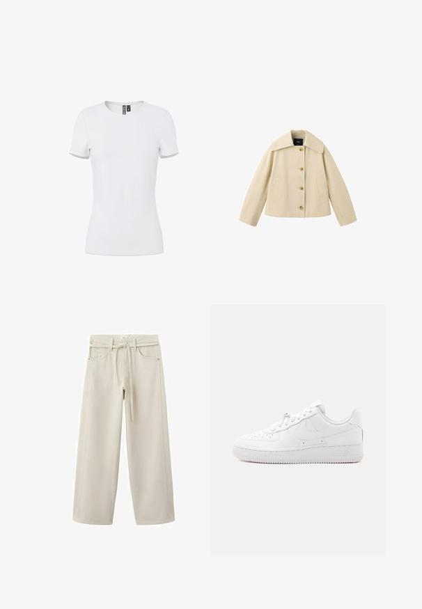 Veste courte beige avec col large, quatre boutons sur le devant et deux poches latérales, présentée sur fond blanc.; T-shirt blanc ajusté à manches courtes avec col rond et étiquette intérieure visible au niveau du col, présenté sur un fond uni.; Pantalon beige à jambes larges avec poches avant, passants pour ceinture et une ceinture en tissu à la taille, présenté sur un fond blanc.; Basket basse blanche avec embout perforé, fermeture à lacets, semelle texturée et un logo Swoosh discret sur le côté.