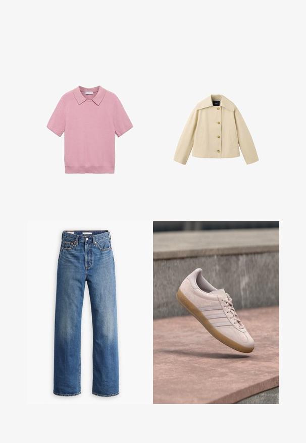 Chaqueta corta beige con cuello ancho, cuatro botones frontales y dos bolsillos laterales, mostrada sobre un fondo blanco.; Top de punto de manga corta en color rosa con textura acanalada, que presenta un cuello clásico y un corte recto. Tejido suave con un acabado liso.; Vaqueros de mezclilla azul claro con cintura alta, diseño de pierna ancha, estilo clásico de cinco bolsillos y un sutil desgaste en la tela.; Zapatilla de ante rosa claro con suela de goma color goma. Presenta tres rayas laterales y el logo "Gazelle" en relieve en el lateral.