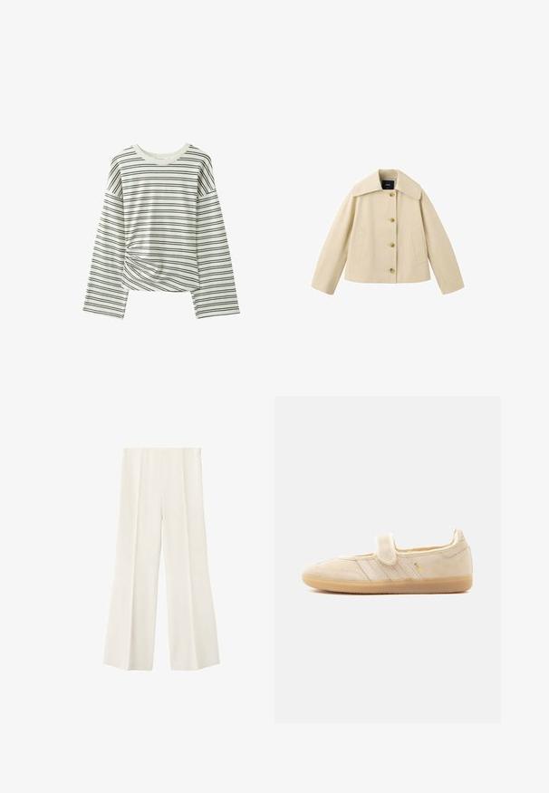Beige, kurz geschnittene Jacke mit weitem Kragen, vier vorderen Knöpfen und zwei Seitentaschen, dargestellt auf weißem Hintergrund.; Langärmliges weißes Hemd mit schwarzen horizontalen Streifen und einer leichten diagonalen Stofffalte nahe dem unteren Saum, auf weißem Hintergrund dargestellt.; Weite, cremefarbene Hosen mit hoher Taille und vorderen Bügelfalten, auf weißem Hintergrund präsentiert.; Beiger Wildleder-Mary-Jane-Sneaker mit Klettverschluss, Gummisohle, drei aufgenähten Streifen und goldenem "SAMBA"-Logo an der Seite.