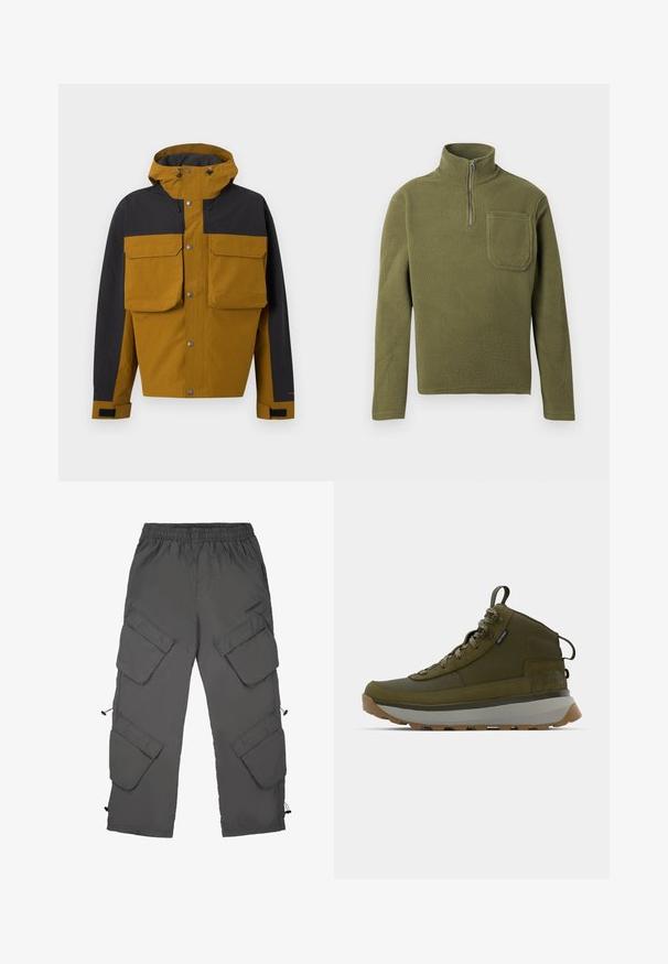 Veste à capuche bicolore marron et noire avec boutons-pression à l'avant, grandes poches poitrine à rabats et sangles de poignet réglables.; Pull en polaire vert olive avec un col zippé à mi-hauteur, des manches longues et une poche sur la poitrine. Texture douce avec un design durable.; Pantalons cargo en tissu gris foncé avec une taille élastique, plusieurs poches cargo, ourlets avec cordons de serrage et une texture lisse.; Bottes de trekking en vert olive avec une tige en daim texturé, une semelle intermédiaire grise, une semelle extérieure robuste et des lacets réfléchissants pour une meilleure visibilité.