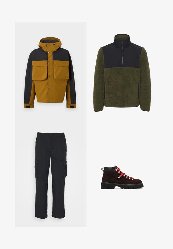 Veste à capuche bicolore marron et noire avec boutons-pression à l'avant, grandes poches poitrine à rabats et sangles de poignet réglables.; Pull-over en polaire vert olive avec un panneau en nylon noir sur la poitrine. Il comprend un col montant, une fermeture éclair mi-haute et des poches latérales.; Pantalons cargo noirs en tissu tissé. Dotés d'une taille réglable, de poches latérales et de deux poches utilitaires avec zips.; Des bottes de randonnée en daim marron avec des lacets rouges, des œillets en métal et une semelle en caoutchouc noir au design robuste pour une meilleure adhérence.