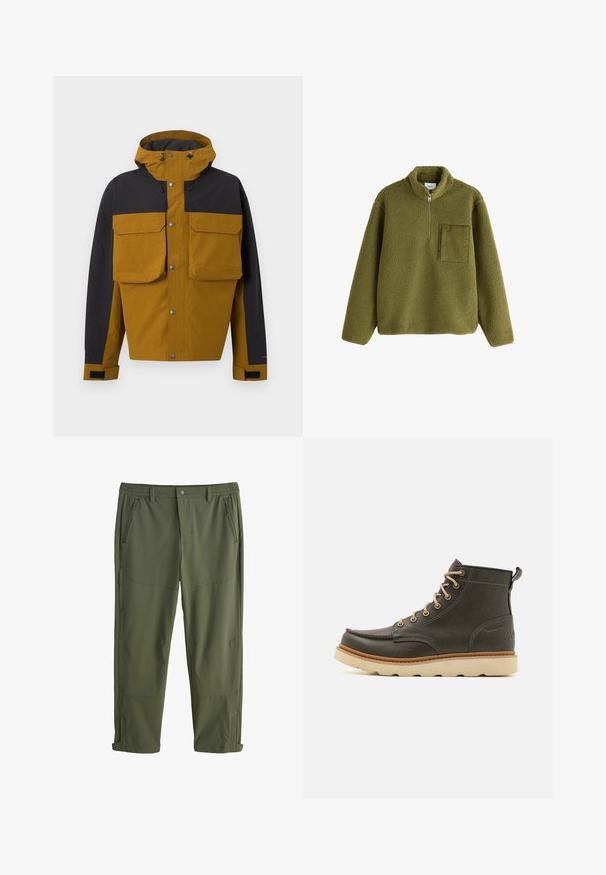 Tofarvet brun og sort hættetrøje med forreste trykknapper, store brystlommer med klapper og justerbare håndledsremme.; Olivengrøn fleece pullover med lange ærmer, halv lynlås foran, ståkrave og tekstureret firkantet brystlomme på venstre side.; Grønne, letvægts udendørsbukser med elastisk talje, flere lynlåslommer og forstærkede sømme. Justerbare manchetter.; Mørkegrønne læder ankelstøvler med beige snørebånd, polstret krave og tekstureret gummisål. Har vandtætte markeringer og syninger.