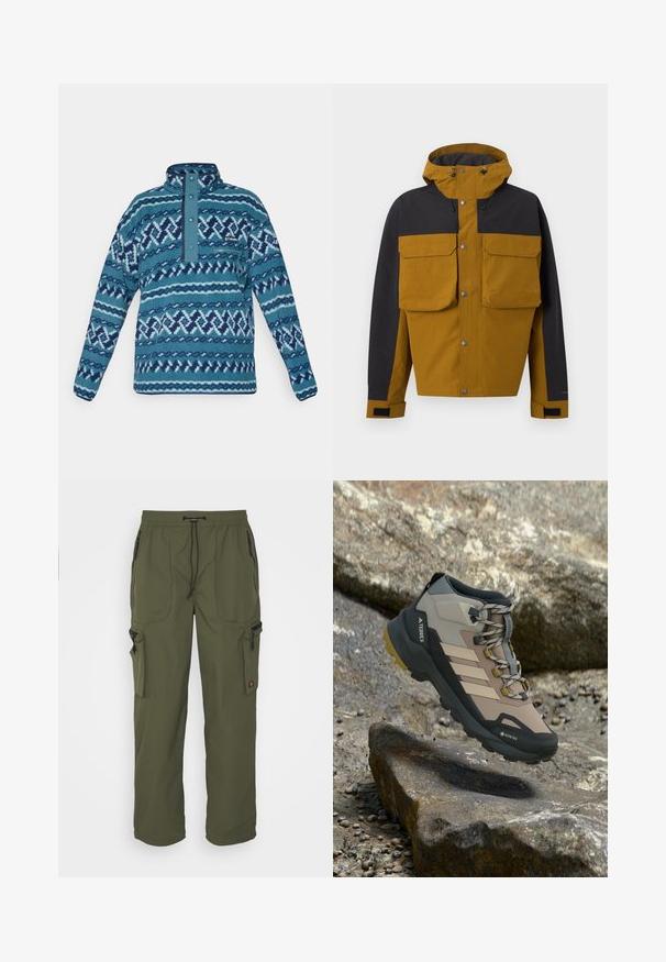 Tofarvet brun og sort hættetrøje med forreste trykknapper, store brystlommer med klapper og justerbare håndledsremme.; Blå mønstret fleecepullover med trykknap-lukning, lynlåslomme på brystet og lange ærmer, velegnet til koldt vejr.; Oliven grøn cargo bukser lavet af let materiale, med elastisk talje, snorelukning og flere lynlåslommer.; Beige og sort vandrestøvle med Gore-Tex, Terrex branding og robust sål, der hænger over klippefyldt terræn.