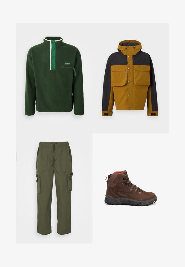 Chaqueta con capucha bicolor en marrón y negro con botones a presión en la parte frontal, grandes bolsillos en el pecho con solapas y correas ajustables en las muñecas.; Polaire verde con cuello alto, que presenta una cremallera blanca en contraste, botones a presión y un bolsillo en el pecho con cremallera. Tejido texturizado.; Pantalones cargo verde oliva hechos de tela ligera, con una cintura elástica, cierre de cordón y múltiples bolsillos con cremallera.; Bota de senderismo marrón de corte medio con detalles en rojo, ojales de metal, cuello acolchado, suela negra resistente y logo Vibram en el borde delantero.
