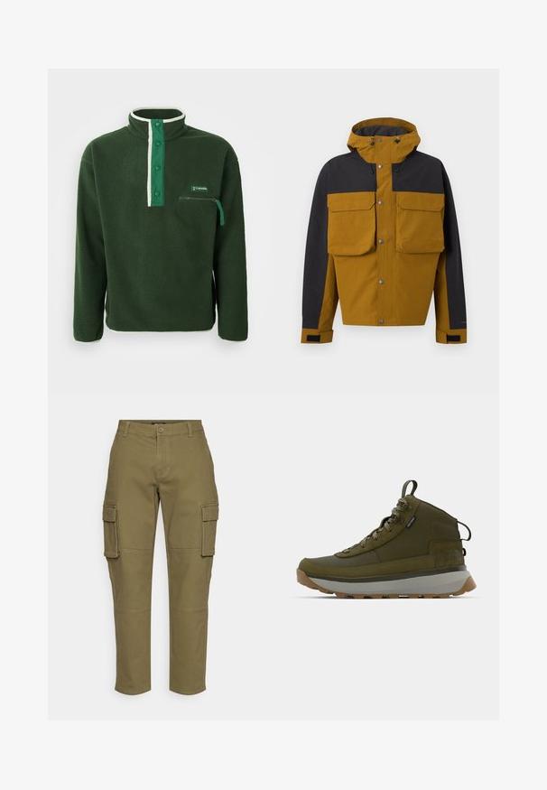 Chaqueta con capucha bicolor en marrón y negro con botones a presión en la parte frontal, grandes bolsillos en el pecho con solapas y correas ajustables en las muñecas.; Polaire verde con cuello alto, que presenta una cremallera blanca en contraste, botones a presión y un bolsillo en el pecho con cremallera. Tejido texturizado.; Pantalones cargo verdes oliva con un diseño de pierna recta, que presentan bolsillos laterales, un cierre de botón y detalles de costura visibles. Hechos de un tejido duradero.; Botas de trekking en verde oliva con un upper de ante texturizado, media suela gris, suela robusta y cordones reflectantes para una mayor visibilidad.