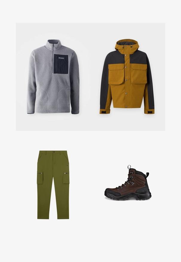 Tweekleurig bruin en zwart capuchonjack met drukknoopsluiting aan de voorkant, grote borstzakken met kleppen en verstelbare polsbanden.; Grijze fleece pullover met een halve rits kraag, een marineblauwe borstzak, twee zijzakken en een gestructureerde stof. Lichtgewicht en casual ontwerp.; Olijf groene cargobroek met een rechte pasvorm, gemaakt van lichtgewicht stof; heeft zijzakken met ritsen en schuine voorkzakken.; Bruine wandelschoen met een textuurleder bovenwerk, zwart rubberen neuskap, versterkte ogen en een robuuste buitenzool voor grip.