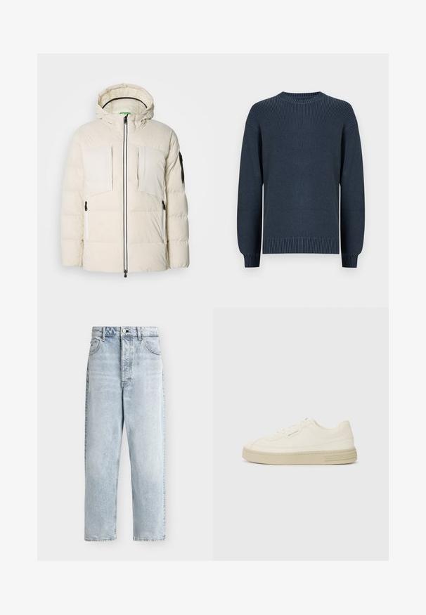 Puffjakke i lys beige med hætte, der har to brystlommer, to sidelommer med lynlås og sort accent på ærmet. Glat tekstur.; Mørkeblå strikket sweater med rund hals, lange ærmer og ribkanter ved manchetter og kant på ensfarvet baggrund.; Lyseblå jeans med høj talje og lige ben, med frontknap og lynlås, bæltestropper og to forlommer.; Hvide kanvas sneakers med en tekstureret gummisål, der har en syet tåhætte og logoaccent på hælen. Simpel snørebåndsdesign.