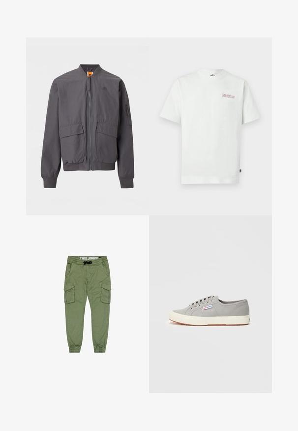 Chaqueta bomber gris oscuro con cremallera frontal, dos grandes bolsillos con solapa, puños y dobladillo acanalados, y un pequeño logo en el pecho.; Camiseta blanca de algodón con mangas cortas, cuello redondo y un logotipo rosa "Dickies" en el área izquierda del pecho. Textura suave.; Joggers de sarga verde oliva con puños elásticos, cintura con cordón y múltiples bolsillos tipo cargo para mayor almacenamiento. Tela suave y duradera.; Zapatilla baja de lona gris clara con suela y cordones blancos de goma, con una pequeña etiqueta lateral con el nombre de la marca "Superga."