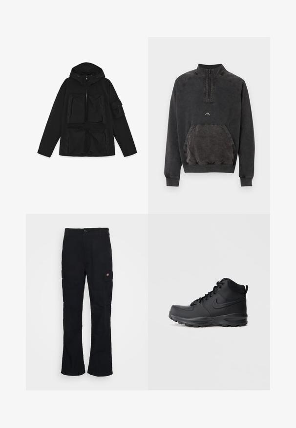 Schwarze Kapuzenjacke mit Frontreißverschluss, vier großen Klappentaschen und einer mit Knopf verschlossenen Tasche am linken Ärmel, flach auf einem weißen Hintergrund liegend.; Schwarzes Sweatshirt mit halbem Reißverschluss, Kängurutasche, gerippten Bündchen und Saum sowie kleinem "A C W" Logo auf der Brust.; Schwarze Cargo-Hose mit geradem Bein, aus strapazierfähigem Stoff gefertigt, mit Seitentaschen und einem aufgenähten Logo auf der linken Seite.; Schwarze High-Top-Sneaker mit einem glatten synthetischen Obermaterial, runder Zehenpartie, gepolstertem Schaft und strukturiertem Gummisohle. Verfügt über ein Schnürdesign und ein Logo-Element.