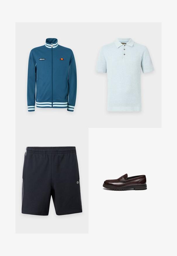 Blågrøn lynlåstrøje med høj krave, hvide stribede manchetter og broderet logo. Fremstillet af glat stof med kontrasterende sidelister.; Lyseblå kortærmet strikket polo med tre knapper og klassisk krave på ensfarvet baggrund.; Sorte atletikshorts med elastisk talje, hvide sidelommer og et lille grønt krokodille-logo på højre ben.; Brune læder loafers med en ruskindsdetalje, rund tå og tekstureret gummisål. Har syet detaljering og en let hæl.