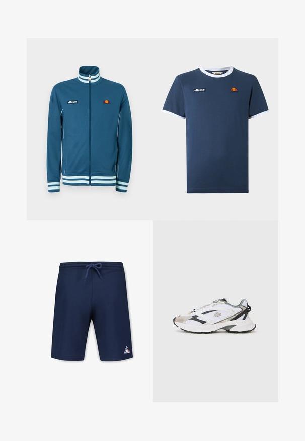 Chaqueta con cremallera en color verde azulado, cuello alto, puños con rayas blancas y logotipo bordado. Confeccionada en tela suave con ribetes laterales en contraste.; Camiseta de manga corta azul marino con ribete blanco en el cuello y las mangas, con parche con el logo de ellesse y un pequeño emblema naranja-rojo en el pecho.; Bañador azul marino hecho de una tela suave, con una cintura elástica y cordón de ajuste, y un pequeño logo en la parte inferior izquierda.; Zapatilla deportiva blanca con acentos en plata y negro, parte superior de malla, suela texturizada y un diseño aerodinámico que presenta un logotipo en el lateral.