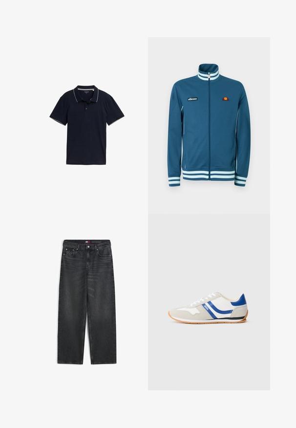 Blågrøn lynlåstrøje med høj krave, hvide stribede manchetter og broderet logo. Fremstillet af glat stof med kontrasterende sidelister.; Mørkeblå polo shirt lavet af bomuld, med en klassisk krave, tre-knap lukning og kontrasterende lys grå trim på kraven og ærmerne.; Sorte jeans med lige ben, fem lommer, knaplukning og diskret falmning på frontlårene.; Sneakers med hvidt og gråt ruskindsoverdel, blå accenter, snørelukning og sål af gummi i brugt farve. Har et buet design og logodetalje.