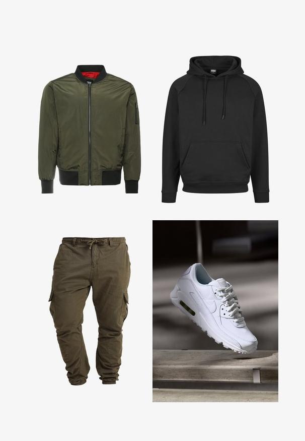 Veste bomber vert olive avec une fermeture éclair à l'avant, des poignets et un col noirs côtelés, et une doublure intérieure rouge vif. Comprend une poche zippée sur le côté.; Sweat à capuche noir avec une poche kangourou, une capuche à cordon et des poignets côtelés. Fabriqué en tissu doux avec une coupe classique et des manches raglan.; Pantalons cargo vert olive en coton doux avec cordon de taille réglable, poignets élastiques et poches latérales.; Baskets blanches en cuir avec des surfaces texturées, un col rembourré et un amorti d'air visible dans la semelle. Elles possèdent des lacets et un design minimaliste.
