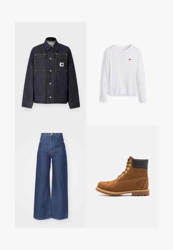 Donker denim jack met lange mouwen, gouden knopen, twee borstzakken en een wit logopatch aan de linkerkant. Recht gesneden design.; Witte lange mouwen shirt van zachte katoen. Bevat een klein rood Levi's logo op de linkerborst. Klassiek ronde hals ontwerp.; Wijd-uitlopende jeans van donkerblauwe denim. Hoge taille met een ritssluiting en knoopsluiting. Bevat klassieke vijf-pocket styling en gezoomde randen.; Bruine suède enkellaars met zwarte gewatteerde kraag, gouden oogjes, vetersluiting aan de voorkant en een rubberen zool met een gestructureerd patroon.
