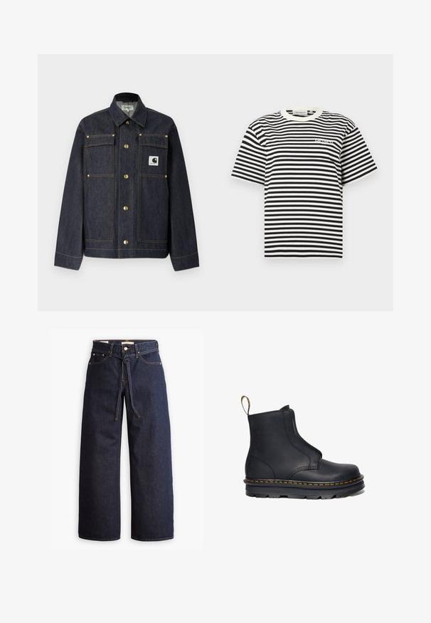 Dunkle Jeansjacke mit langen Ärmeln, goldenen Knöpfen, zwei Brusttaschen und einem weißen Logo-Patch auf der linken Seite. Gerader Schnitt.; Schwarz-weiß gestreiftes T-Shirt mit kurzen Ärmeln, weißem Rundhalsausschnitt und kleinem Logo auf der Brust.; Weite, dunkelblaue Jeans aus Denim mit hoher Taille, ausgestattet mit einem Kordelzug, fünf Taschen und kontrastierenden Nähdetails.; Schwarze Leder-Stiefelette mit elastischen seitlichen Einsätzen, runder Zehenform, kontrastierenden gelben Nähten und einer robusten Gummisohle.