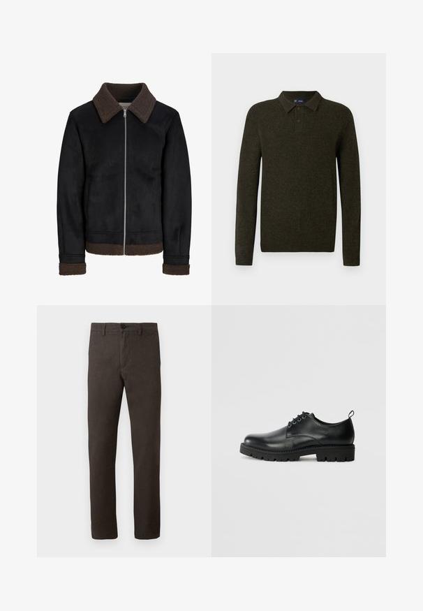 Schwarze Jacke mit braunem Lammfellkragen und -manschetten, Reißverschluss und zwei Seitentaschen, aus einem glatten Material mit mattem Finish.; Grüner Langarm-Polo-Pullover mit strukturiertem Finish, zwei-Knopf-Leiste und gerippten Bündchen. Einfaches, klassisches Design, geeignet für legere Freizeitkleidung.; Braune Hose aus einem strukturierten Stoff, mit geradem Bein, einem einzigen Knopfverschluss und minimalistischem Stil.; Schwarze Lederschuhe mit runder Zehenform, ausgestattet mit einer Schnürung, robustem schwarzen Gummisohle und einer kleinen Fersenschlaufe auf der Rückseite.