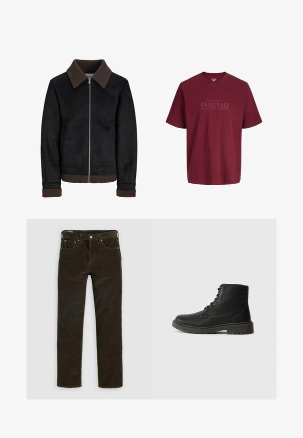 Zwarte jas met een bruine schapenvachtkraag en manchetten, ritssluiting en twee zijzakken, gemaakt van een glad materiaal met een matte afwerking.; Bordeauxrode katoenen T-shirt met korte mouwen en ronde hals met de tekst "Nineteen Ninety Originals 1990 Jack&Jones" gedrukt op de borst.; Bruine corduroy broek met een recht gesneden pasvorm, vijf zakken, zichtbare stiksels en een gestructureerde stofafwerking. Metalen knoopsluiting aan de taille.; Zwarte leren enkellaars met vetersluiting, dikke rubberen zool, gestructureerde afwerking en versterkte stiksels. Bevat minimalistische branding.