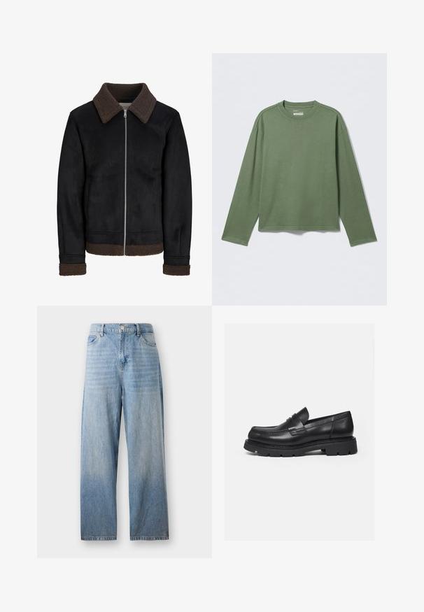 Sort jakke med brun shearlingkrave og -manchetter, lynlås i front og to sidelommer, lavet af et glat materiale med mat finish.; Almindelig grøn langærmet rundhalset skjorte med lige kant, lagt fladt på en lysegrå overflade.; Lyseblå denimjeans med lige pasform, høj talje og en falmet finish. Har forlommer og knaplukning.; Sort læderloafer med tyk rillede sål og penny-remdetalje, vist i højre sideprofil på hvid baggrund.