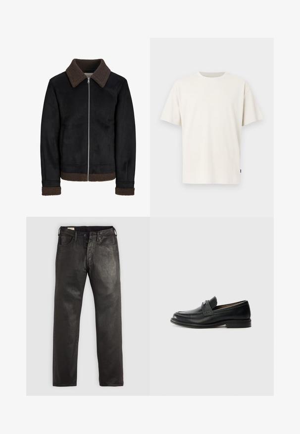 Zwarte jas met een bruine schapenvachtkraag en manchetten, ritssluiting en twee zijzakken, gemaakt van een glad materiaal met een matte afwerking.; Effen witte T-shirt met korte mouwen en een ronde hals, regular fit, afgebeeld tegen een lichtgrijze achtergrond.; Zwarte spijkerbroeken van denim met een rechte snit, voorzien van een knoop- en ritssluiting, vijf zakken en een zachte textuur.; Zwarte lederen instappers met een gladde afwerking, voorzien van een gestructureerde bovenband, lage hak en minimale stiksel-details.