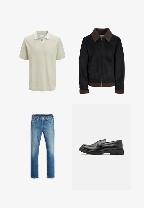 Chaqueta negra con cuello y puños de piel borreguillo marrón, cierre de cremallera y dos bolsillos laterales, hecha de un material liso con acabado mate.; Camisa polo de manga corta en color beige con un patrón de punto texturizado, cuello en contraste y puños acanalados. Presenta un escote en forma de V y detalles en el dobladillo lateral.; Jeans de mezclilla azul claro con un diseño de pierna recta, cinco bolsillos, cierre de botón, un ligero desgaste y detalles de costura en color naranja.; Mocasin de cuero negro con una cinta ancha en el empeine, suela de goma con tacos gruesos y textura suave. Diseño clásico y elegante.