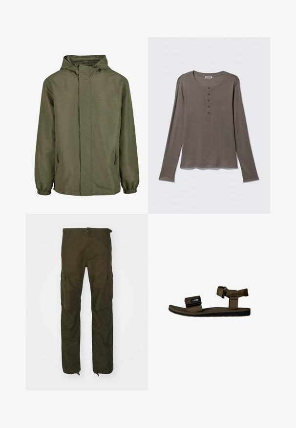 Oliven grøn letvægtsjakke med mesh-foret hætte, fuld frontlynlås, to sidelommer, elastiske manchetter og en simpel, lige snit.; Grå henley-shirt med lange ærmer, fem knapper og rund halsudskæring, vist på en ensartet hvid baggrund.; Olivenfarvede cargo bukser lavet af slidstærkt stof, med knaplukning, flere sidelommer og elastiske manchetter ved anklerne.; Brun rem sandal med en tekstureret fodseng, justerbar ankelrem og Velcro-lukning. Sorte accenter og logo på remmen.