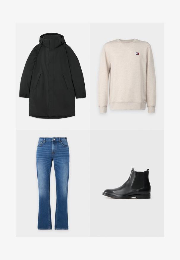 Lang sort frakke lavet af vandafvisende stof, med høj krave, trykknapper, to sidelommer og et afslappet fits design.; Lys beige sweatshirt lavet af bomuld, med rund hals, ribbede manchetter og et lille logo-patch på brystet med røde og blå elementer.; Mellemblå denim flared jeans. Har fem lommer, syede detaljer, knaplukning og en let falmet tekstur på benene.; Sorte læder Chelsea støvler med elastiske sidepaneler, rund tå, trækstrop og en lav blokhæl. Glat tekstur og minimalistisk design.