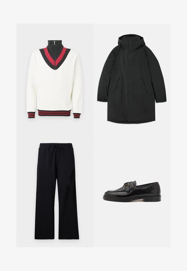 Lang sort frakke lavet af vandafvisende stof, med høj krave, trykknapper, to sidelommer og et afslappet fits design.; Hvid pullover med høj krave, der har et sort og rødt V-formet design på brystet samt kontrasterende ribstrikkede manchetter og kant.; Les Benjamins Træningsbukser - black; Sorte læder loafers med rund tå og en dekorativ spændeaccent. Flad, solid hæl og glat tekstur hele vejen igennem.