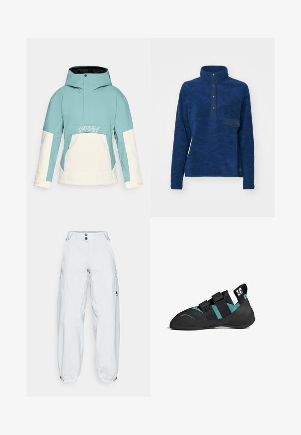 Chaqueta de esquí azul claro y blanca con capucha, que cuenta con un bolsillo frontal, ventilaciones laterales con cremallera y paneles de color contrastante. Logo en el pecho.; Sudadera de forro polar azul marino con un alto cuello, patrón de ondas texturizado, tapeta de botones y un pequeño bolsillo en el pecho. Tejido elástico, mangas largas.; Pantalones de esquí blancos, holgados y confeccionados en material impermeable, que cuentan con dos bolsillos laterales con cremallera, cierre de botón y puños elásticos.; Zapato de escalada negro con punta afilada, doble correa de Velcro, acentos en verde esmeralda y suela de goma texturizada para un mejor agarre.
