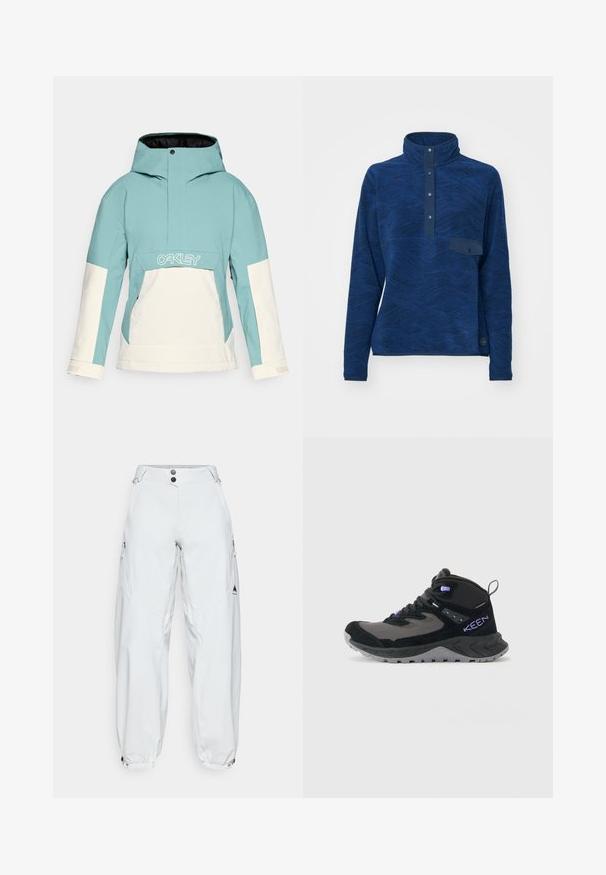 Chaqueta de esquí azul claro y blanca con capucha, que cuenta con un bolsillo frontal, ventilaciones laterales con cremallera y paneles de color contrastante. Logo en el pecho.; Sudadera de forro polar azul marino con un alto cuello, patrón de ondas texturizado, tapeta de botones y un pequeño bolsillo en el pecho. Tejido elástico, mangas largas.; Pantalones de esquí blancos, holgados y confeccionados en material impermeable, que cuentan con dos bolsillos laterales con cremallera, cierre de botón y puños elásticos.; Zapato de senderismo de caña alta en negro y gris con acentos morados, suela gruesa, agarre texturizado y tirador en el talón.